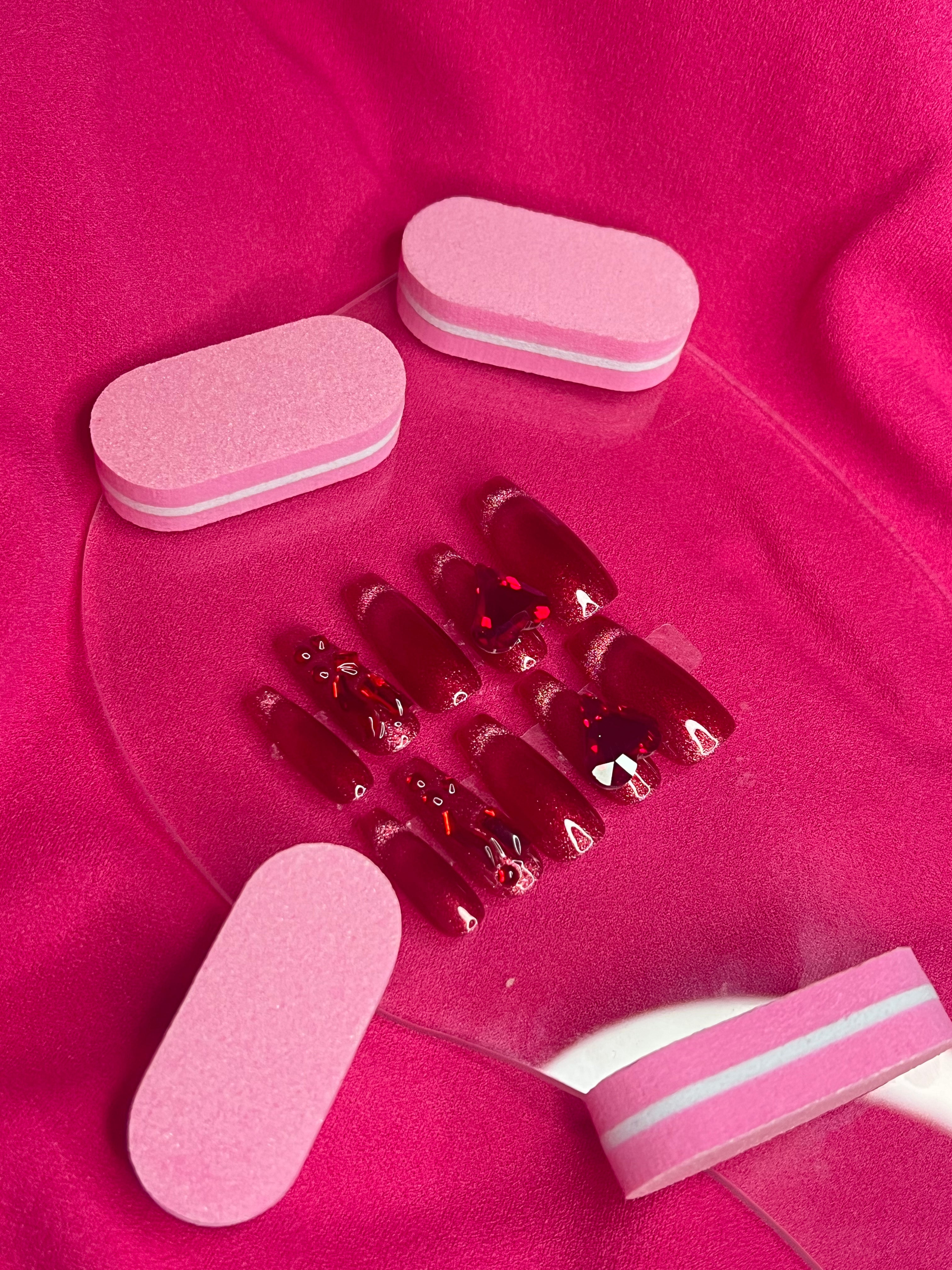 Red Rose Temptation Press-On Nails – Glossy red nails with sparkling 3D embellishments, perfect for weddings and parties.