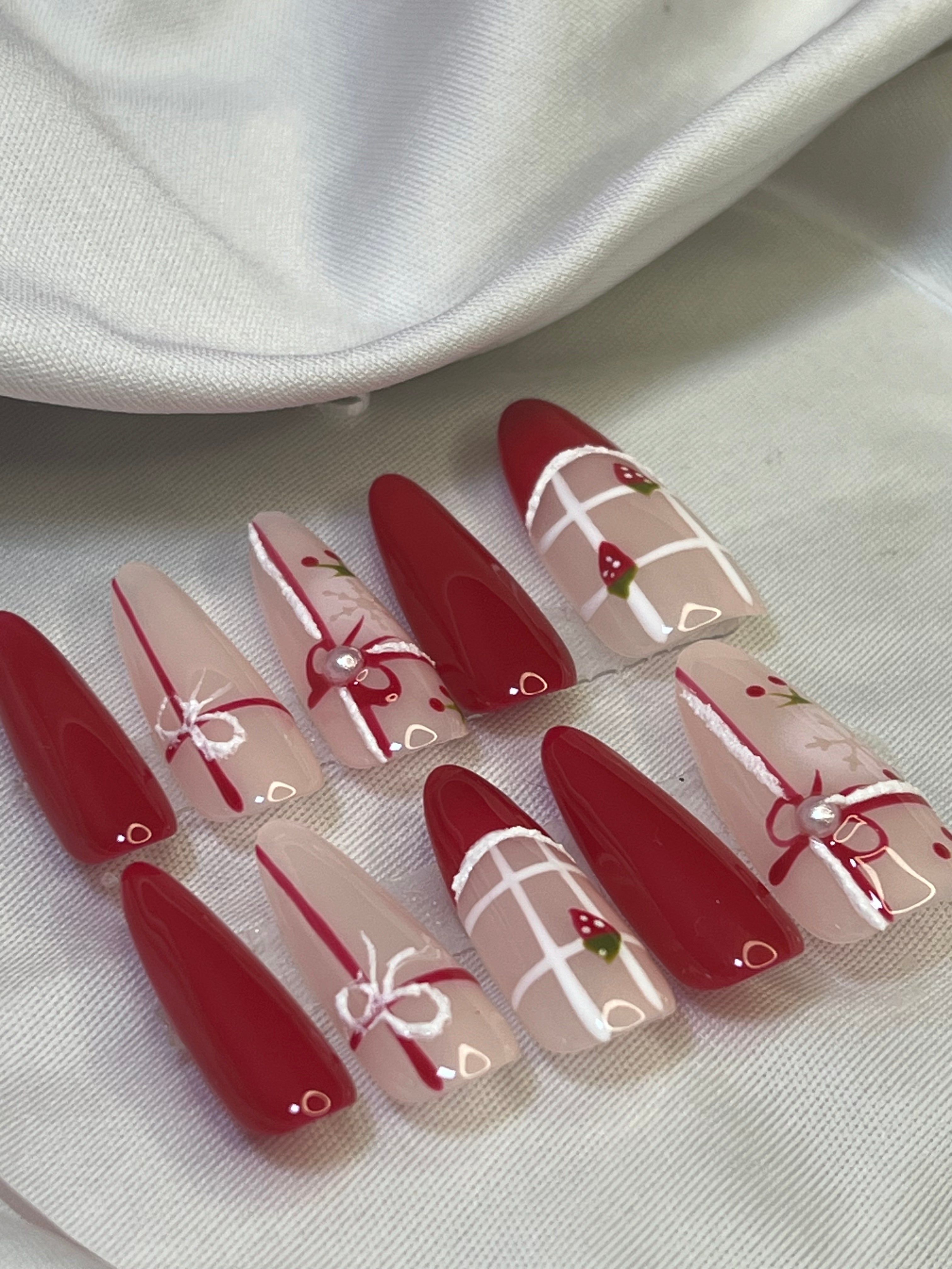 Velvet Cherry Bliss Press-On Nails – Elegant almond-shaped nails with gift-box binding rope design, perfect for weddings, brides, and formal occasions.